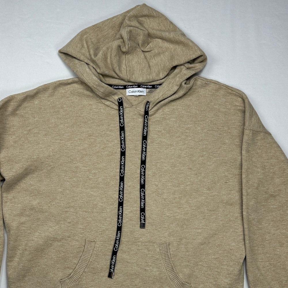 Calvin Klein Tan‎ Heathered Knit Hoodie Sweatshirt Logo Drawstring MIQS5727 XL